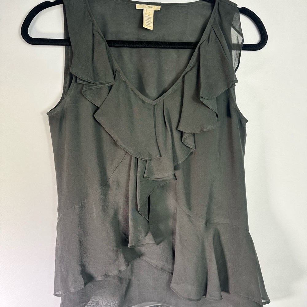 J. Crew Charcoal Silk Ruffle Sleeveless Blouse